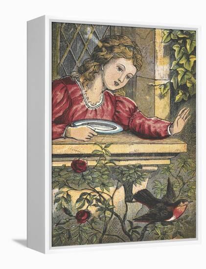 A Robin Flying Away From a Girl at a Window-null-Framed Premier Image Canvas