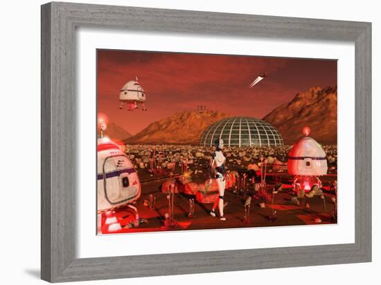 A Robot and Landing Craft Making Deliveries to a Habitat Dome-Stocktrek Images-Framed Art Print