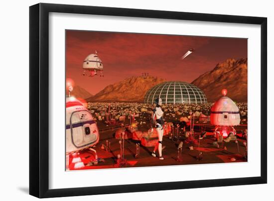 A Robot and Landing Craft Making Deliveries to a Habitat Dome-Stocktrek Images-Framed Art Print