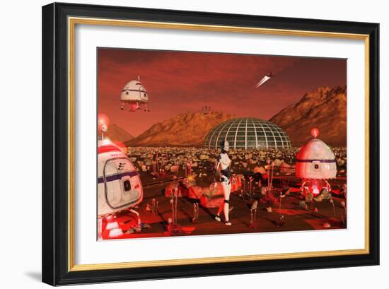 A Robot and Landing Craft Making Deliveries to a Habitat Dome-Stocktrek Images-Framed Art Print