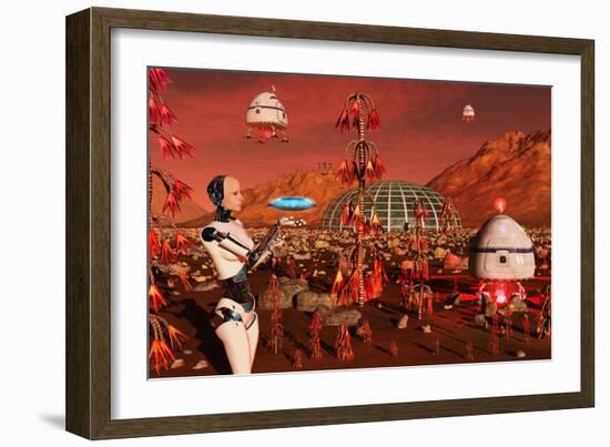 A Robot and Landing Craft Making Deliveries to a Habitat Dome-Stocktrek Images-Framed Art Print