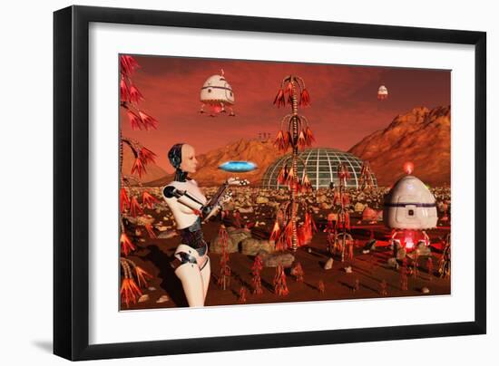 A Robot and Landing Craft Making Deliveries to a Habitat Dome-Stocktrek Images-Framed Art Print