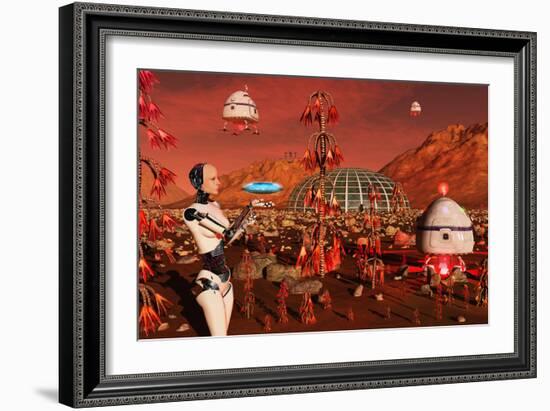 A Robot and Landing Craft Making Deliveries to a Habitat Dome-Stocktrek Images-Framed Premium Giclee Print