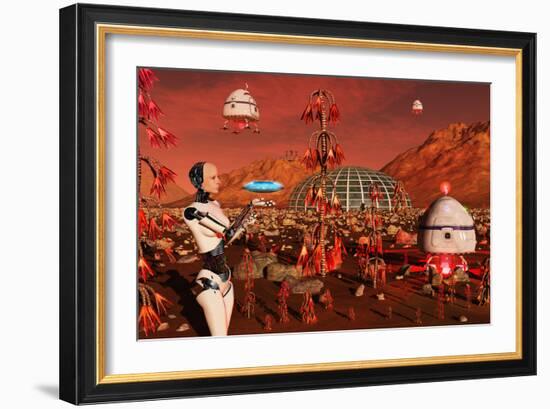 A Robot and Landing Craft Making Deliveries to a Habitat Dome-Stocktrek Images-Framed Premium Giclee Print