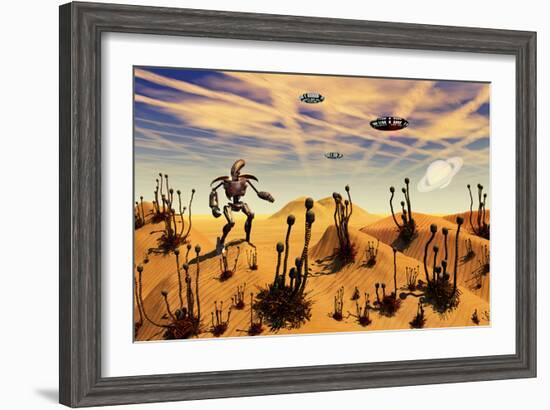 A Robot Tending to a Desert Garden Located on a Moon-Stocktrek Images-Framed Art Print