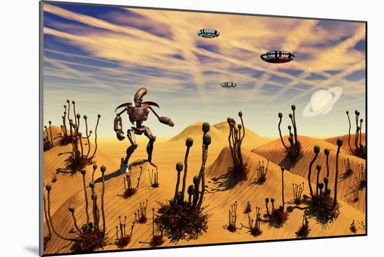 A Robot Tending to a Desert Garden Located on a Moon-Stocktrek Images-Mounted Art Print