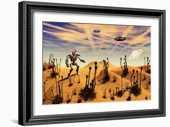 A Robot Tending to a Desert Garden Located on a Moon-Stocktrek Images-Framed Art Print