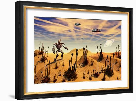 A Robot Tending to a Desert Garden Located on a Moon-Stocktrek Images-Framed Art Print