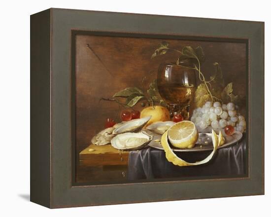A Roemer, a Peeled Half Lemon on a Pewter Plate, Oysters, Cherries and an Orange on a Draped Table-Joris Van Son-Framed Premier Image Canvas