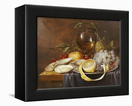 A Roemer, a Peeled Half Lemon on a Pewter Plate, Oysters, Cherries and an Orange on a Draped Table-Joris Van Son-Framed Premier Image Canvas