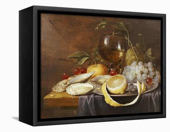 A Roemer, a Peeled Half Lemon on a Pewter Plate, Oysters, Cherries and an Orange on a Draped Table-Joris Van Son-Framed Premier Image Canvas