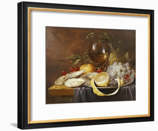 A Roemer, a Peeled Half Lemon on a Pewter Plate, Oysters, Cherries and an Orange on a Draped Table-Joris Van Son-Framed Giclee Print