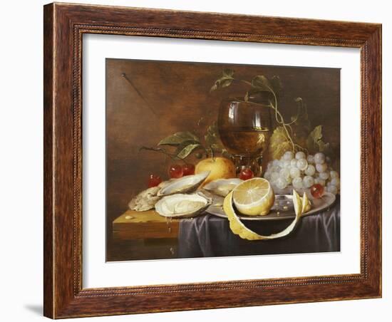 A Roemer, a Peeled Half Lemon on a Pewter Plate, Oysters, Cherries and an Orange on a Draped Table-Joris Van Son-Framed Giclee Print