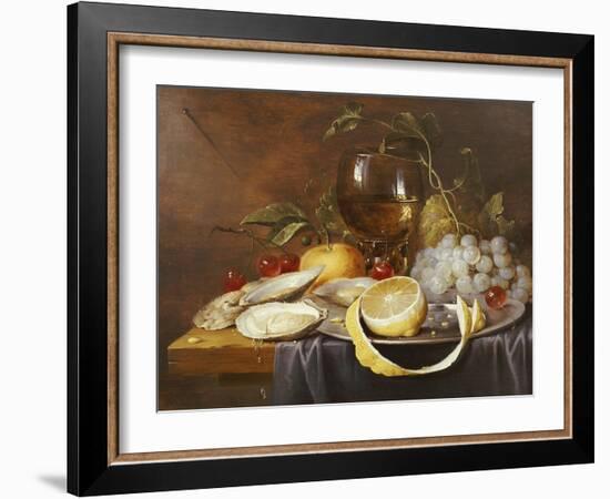 A Roemer, a Peeled Half Lemon on a Pewter Plate, Oysters, Cherries and an Orange on a Draped Table-Joris Van Son-Framed Giclee Print