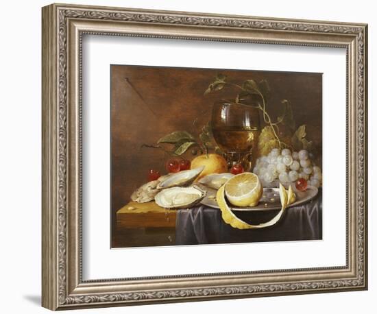 A Roemer, a Peeled Half Lemon on a Pewter Plate, Oysters, Cherries and an Orange on a Draped Table-Joris Van Son-Framed Giclee Print