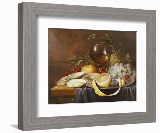 A Roemer, a Peeled Half Lemon on a Pewter Plate, Oysters, Cherries and an Orange on a Draped Table-Joris Van Son-Framed Giclee Print