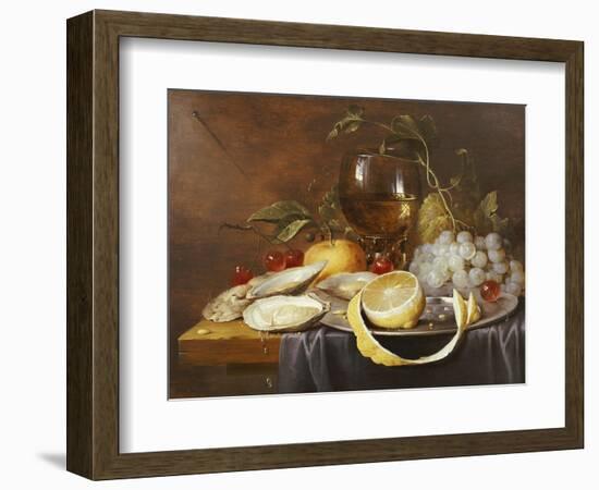 A Roemer, a Peeled Half Lemon on a Pewter Plate, Oysters, Cherries and an Orange on a Draped Table-Joris Van Son-Framed Giclee Print