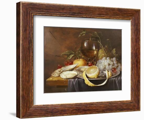 A Roemer, a Peeled Half Lemon on a Pewter Plate, Oysters, Cherries and an Orange on a Draped Table-Joris Van Son-Framed Giclee Print