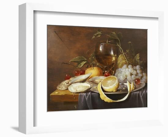 A Roemer, a Peeled Half Lemon on a Pewter Plate, Oysters, Cherries and an Orange on a Draped Table-Joris Van Son-Framed Giclee Print