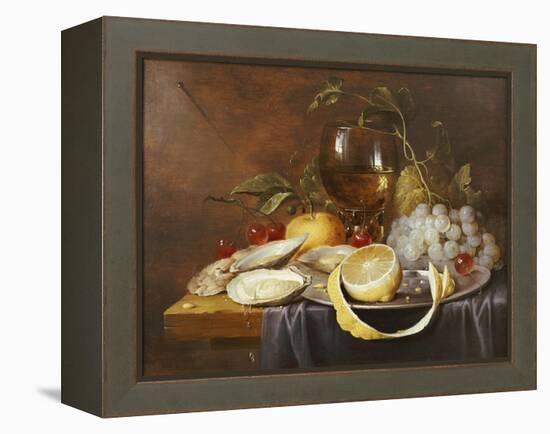 A Roemer, a Peeled Half Lemon on a Pewter Plate, Oysters, Cherries and an Orange on a Draped Table-Joris van Son-Framed Premier Image Canvas