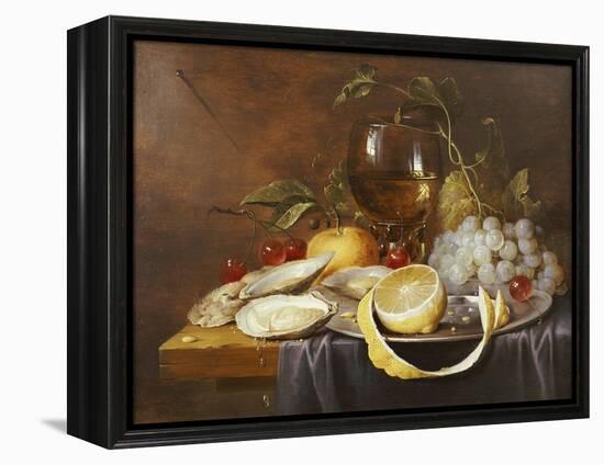 A Roemer, a Peeled Half Lemon on a Pewter Plate, Oysters, Cherries and an Orange on a Draped Table-Joris van Son-Framed Premier Image Canvas