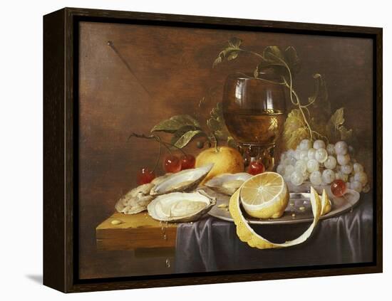 A Roemer, a Peeled Half Lemon on a Pewter Plate, Oysters, Cherries and an Orange on a Draped Table-Joris van Son-Framed Premier Image Canvas