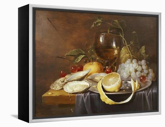 A Roemer, a Peeled Half Lemon on a Pewter Plate, Oysters, Cherries and an Orange on a Draped Table-Joris van Son-Framed Premier Image Canvas