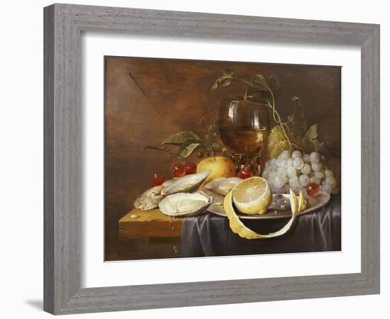 A Roemer, a Peeled Half Lemon on a Pewter Plate, Oysters, Cherries and an Orange on a Draped Table-Joris van Son-Framed Giclee Print