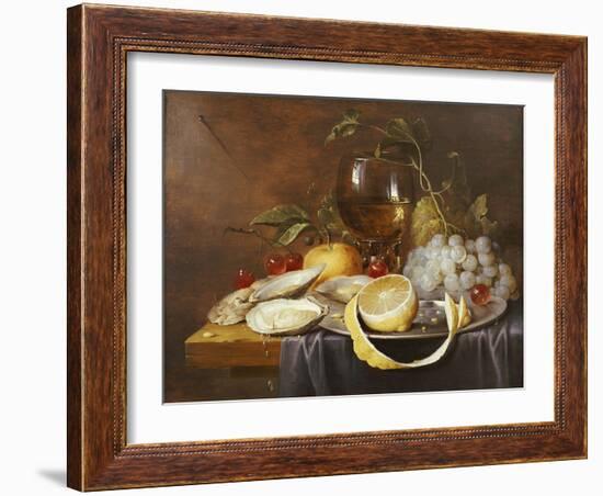 A Roemer, a Peeled Half Lemon on a Pewter Plate, Oysters, Cherries and an Orange on a Draped Table-Joris van Son-Framed Giclee Print