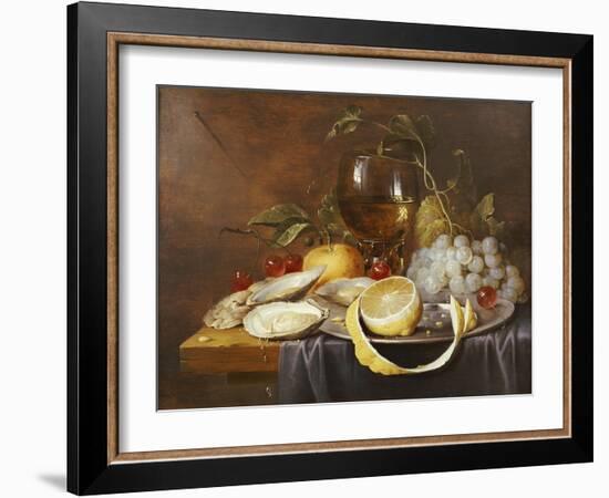 A Roemer, a Peeled Half Lemon on a Pewter Plate, Oysters, Cherries and an Orange on a Draped Table-Joris van Son-Framed Giclee Print