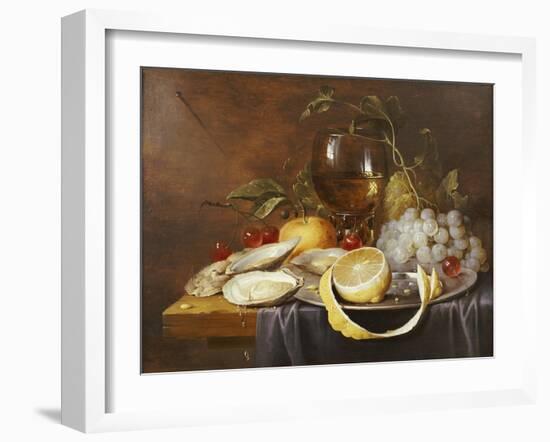 A Roemer, a Peeled Half Lemon on a Pewter Plate, Oysters, Cherries and an Orange on a Draped Table-Joris van Son-Framed Giclee Print