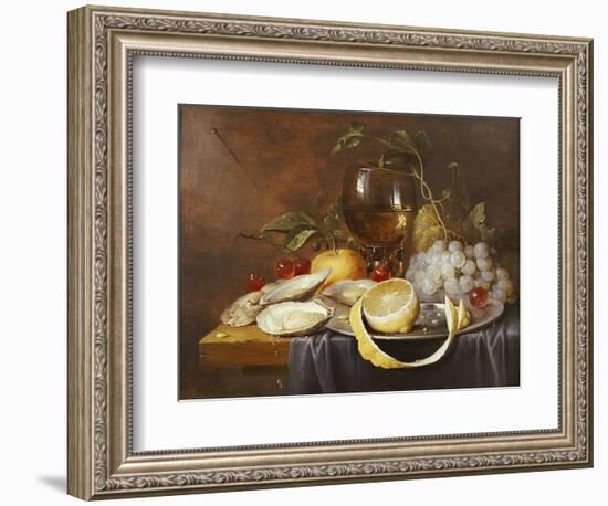 A Roemer, a Peeled Half Lemon on a Pewter Plate, Oysters, Cherries and an Orange on a Draped Table-Joris van Son-Framed Premium Giclee Print