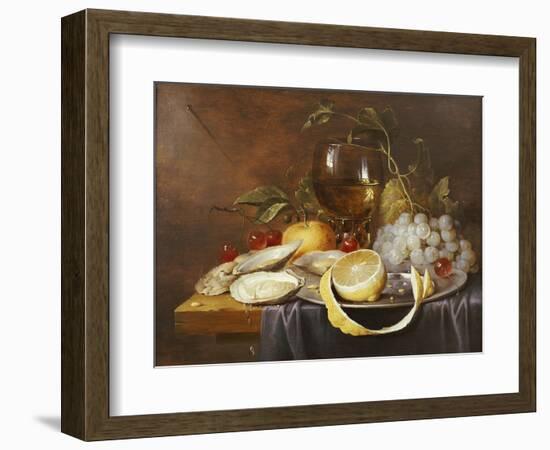 A Roemer, a Peeled Half Lemon on a Pewter Plate, Oysters, Cherries and an Orange on a Draped Table-Joris van Son-Framed Premium Giclee Print