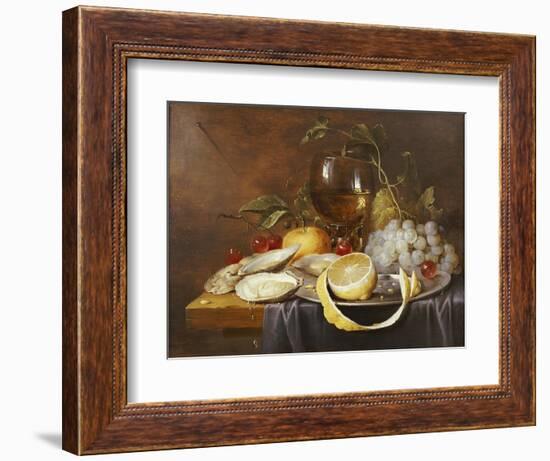 A Roemer, a Peeled Half Lemon on a Pewter Plate, Oysters, Cherries and an Orange on a Draped Table-Joris van Son-Framed Premium Giclee Print