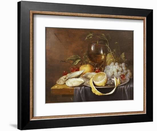 A Roemer, a Peeled Half Lemon on a Pewter Plate, Oysters, Cherries and an Orange on a Draped Table-Joris van Son-Framed Premium Giclee Print