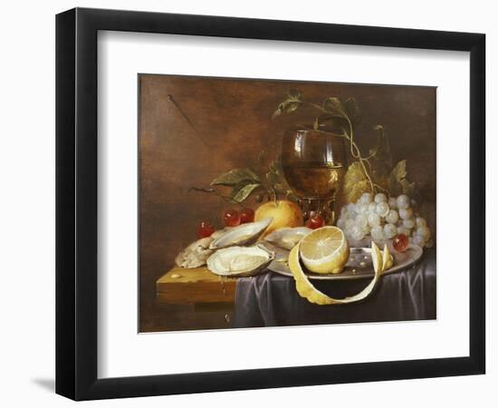 A Roemer, a Peeled Half Lemon on a Pewter Plate, Oysters, Cherries and an Orange on a Draped Table-Joris van Son-Framed Premium Giclee Print