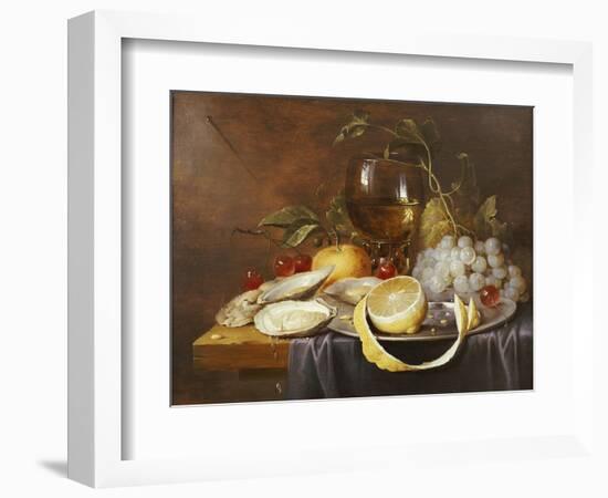 A Roemer, a Peeled Half Lemon on a Pewter Plate, Oysters, Cherries and an Orange on a Draped Table-Joris van Son-Framed Premium Giclee Print