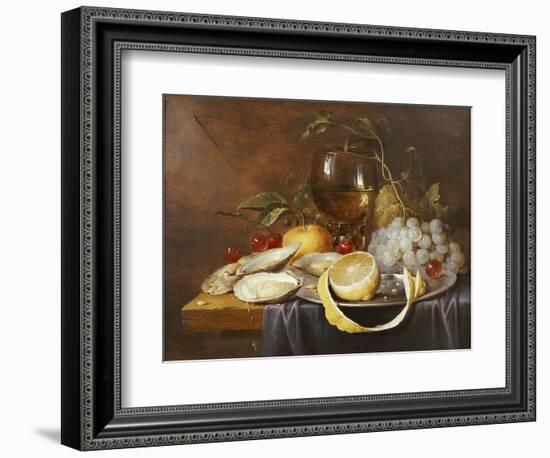 A Roemer, a Peeled Half Lemon on a Pewter Plate, Oysters, Cherries and an Orange on a Draped Table-Joris van Son-Framed Premium Giclee Print