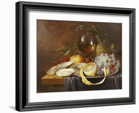 A Roemer, a Peeled Half Lemon on a Pewter Plate, Oysters, Cherries and an Orange on a Draped Table-Joris van Son-Framed Giclee Print