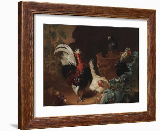 A Rooster, Two Chickens and Two Pigeons by an Antique Chipped Terra Cotta Vase in a Landscape, 1695-Abraham Bisschop-Framed Giclee Print