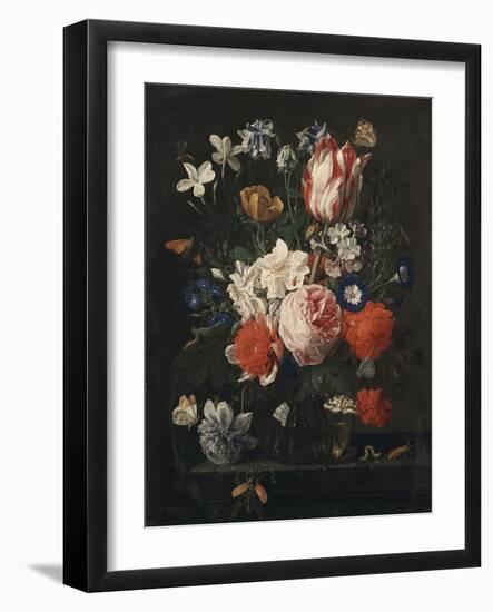 A Rose, a Tulip, Morning Glory, and Other Flowers in a Glass Vase on a Stone Ledge, 1671-George Wesley Bellows-Framed Giclee Print