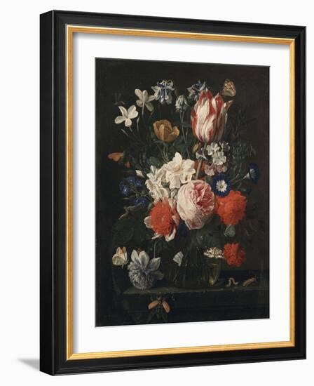 A Rose, a Tulip, Morning Glory, and Other Flowers in a Glass Vase on a Stone Ledge, 1671-George Wesley Bellows-Framed Giclee Print