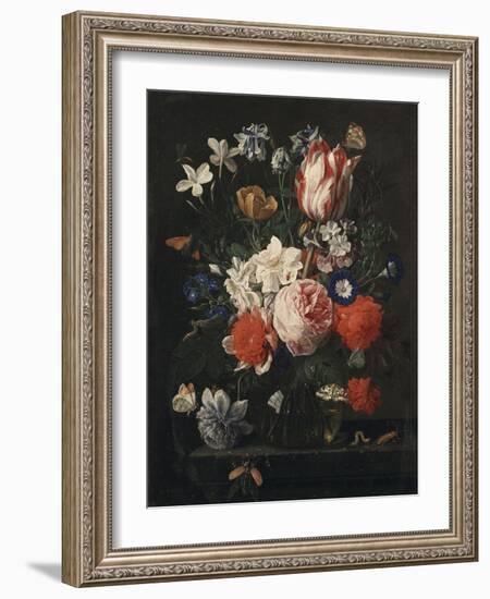 A Rose, a Tulip, Morning Glory, and Other Flowers in a Glass Vase on a Stone Ledge, 1671-George Wesley Bellows-Framed Giclee Print