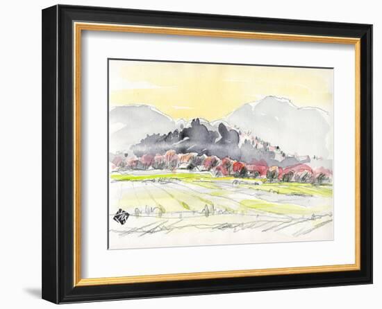 A Row of Cherry Blossom Trees in Spring Haze, Sagano in Kyoto-Kenji Fujimura-Framed Art Print