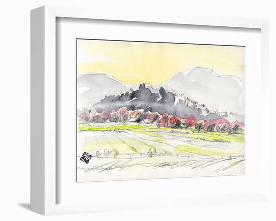 A Row of Cherry Blossom Trees in Spring Haze, Sagano in Kyoto-Kenji Fujimura-Framed Art Print