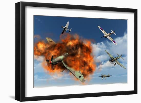 A Royal Air Force Supermarine Spitfire Attacking German Stuka Dive Bombers-null-Framed Art Print