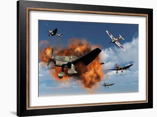 A Royal Air Force Supermarine Spitfire Attacking German Stuka Dive Bombers-null-Framed Art Print