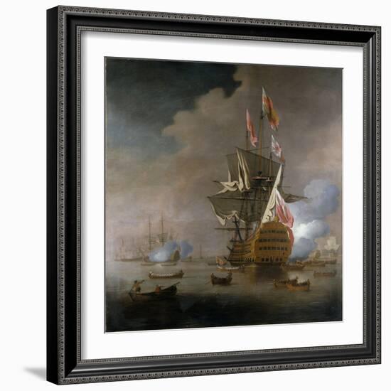 A Royal Party approaching a Flagship of the Red with Numerous Other Craft at Sea-Peter Monamy-Framed Giclee Print