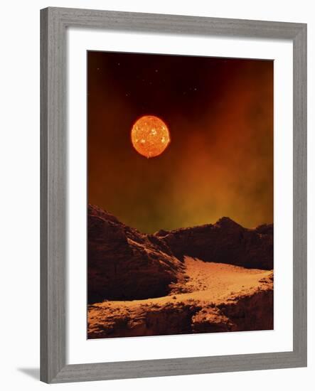 A Rugged Planet Landscape Dimly Lit by a Distant Red Star-null-Framed Photographic Print