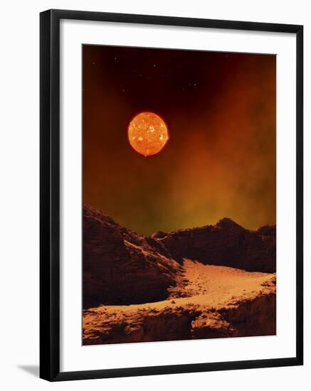 A Rugged Planet Landscape Dimly Lit by a Distant Red Star-null-Framed Photographic Print